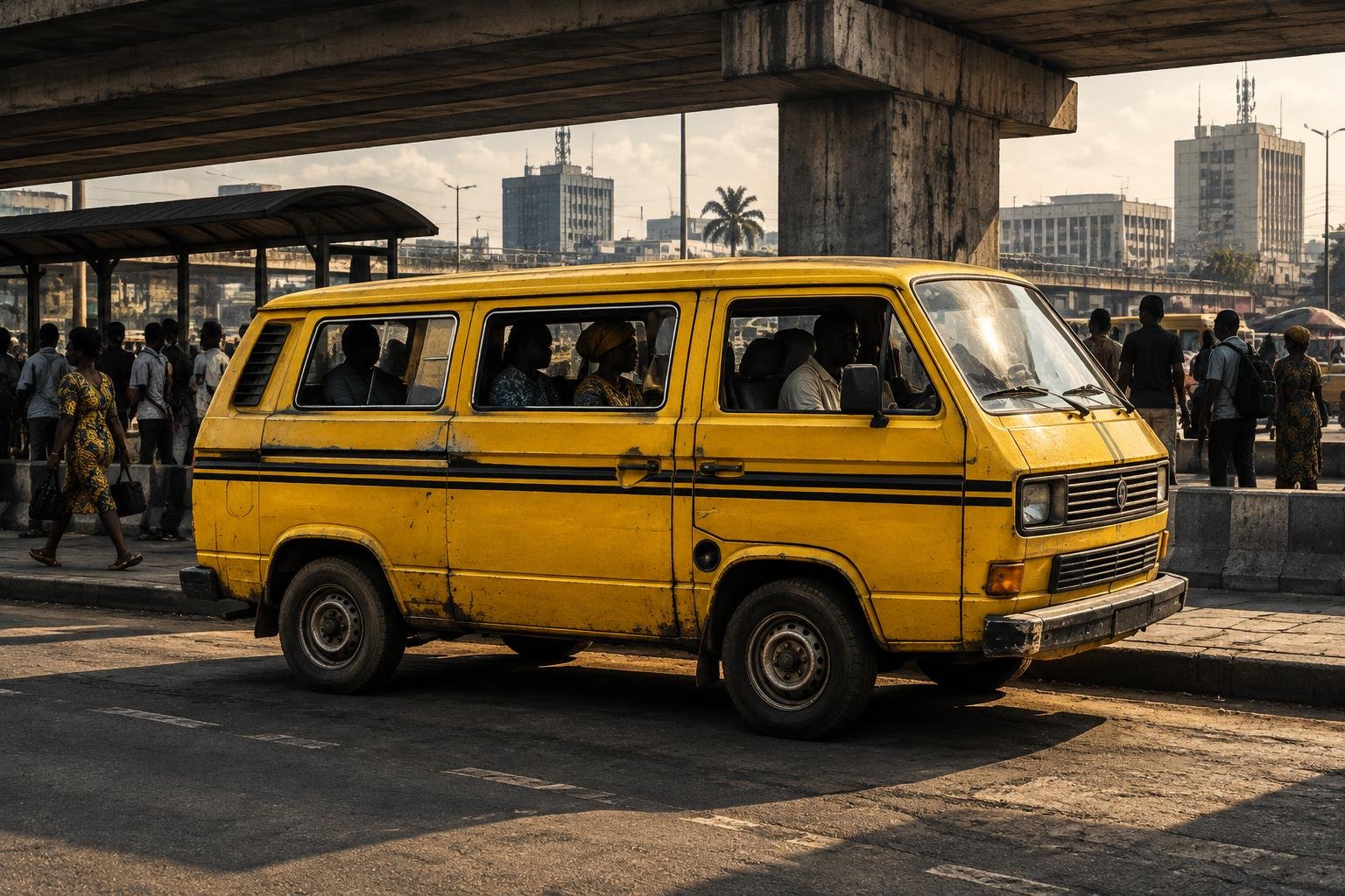 A yellow danfo bus beneath a Lagos bridge